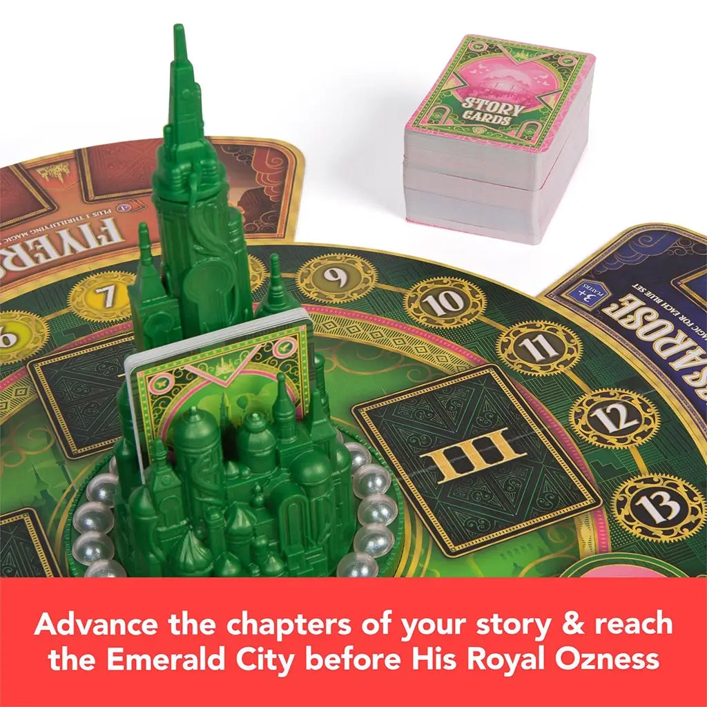 Board detail showing the Emerald City and story card deck, captioned with instructions to advance chapters and reach the city before His Royal Ozness.
