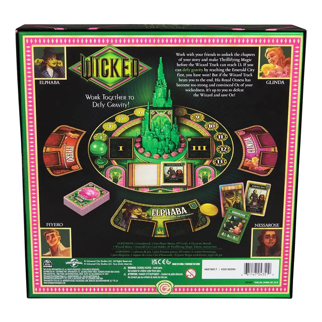 Back of the Wicked: The Game box displaying the full board layout, character cards, and components with instructions to “Work Together to Defy Gravity!”