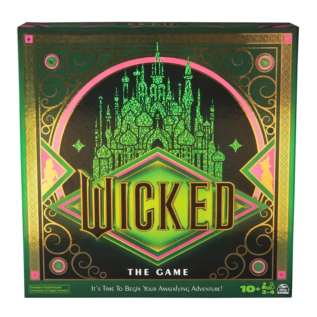 Front of the Wicked: The Game box featuring shimmering green artwork of the Emerald City with gold accents and the tagline “Begin Your Amazifying Adventure!”