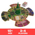 Wicked: The Game board setup with player boards for Glinda, Elphaba, Nessarose, and Fiyero around the 3D Emerald City centerpiece, designed for 2–4 players ages 10 and up.
