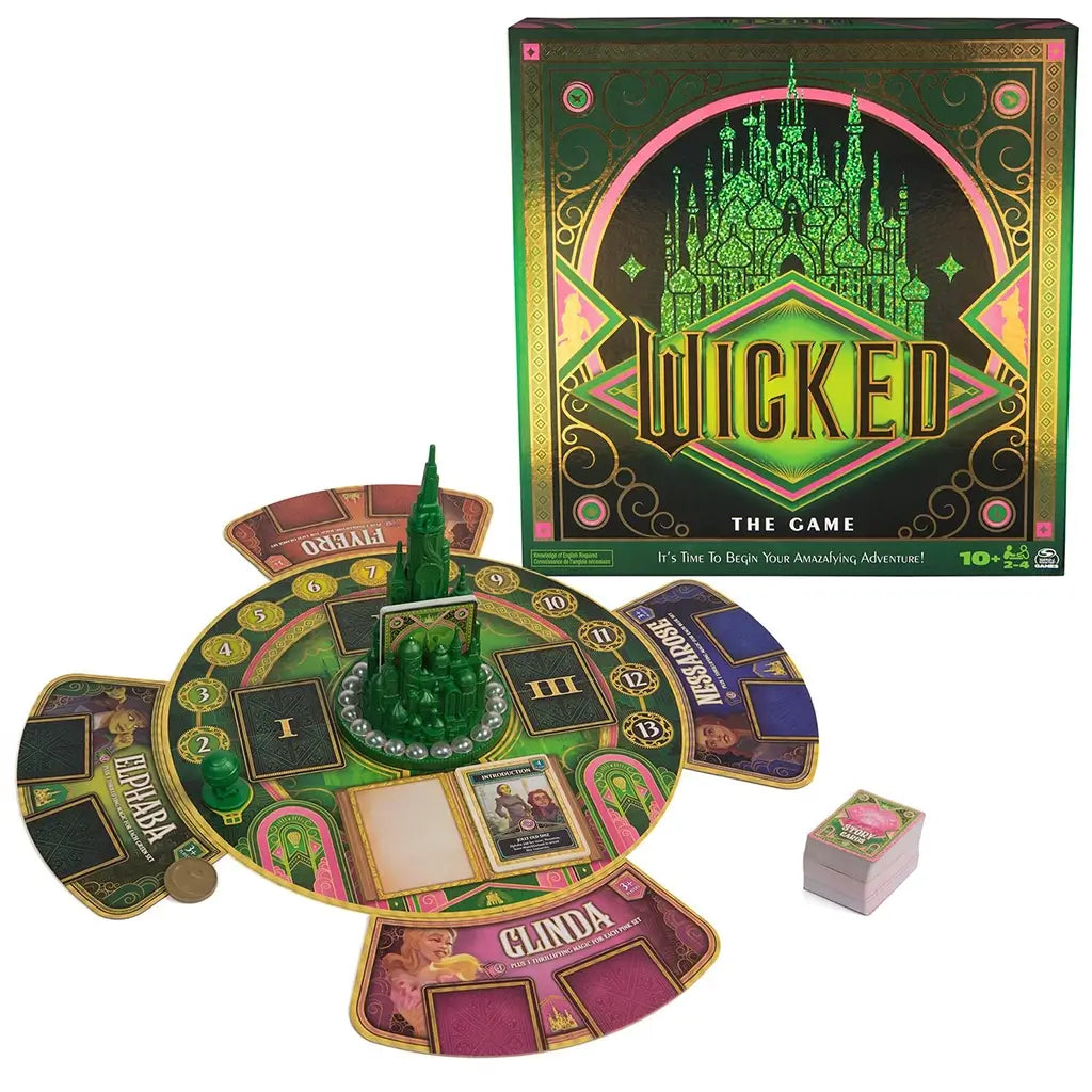 Complete Wicked: The Game set including the detailed Emerald City centerpiece, story cards, and player mats, alongside the green and pink themed box.