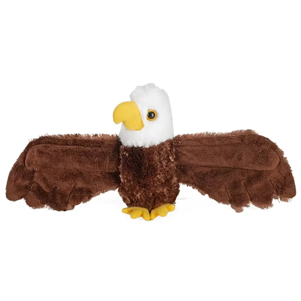 Wild Republic bald eagle plush toy in brown and white soft fabric with fuzzy texture, front facing pose with wings fully spread and yellow beak, classic eagle shape designed as a huggable stuffed animal.