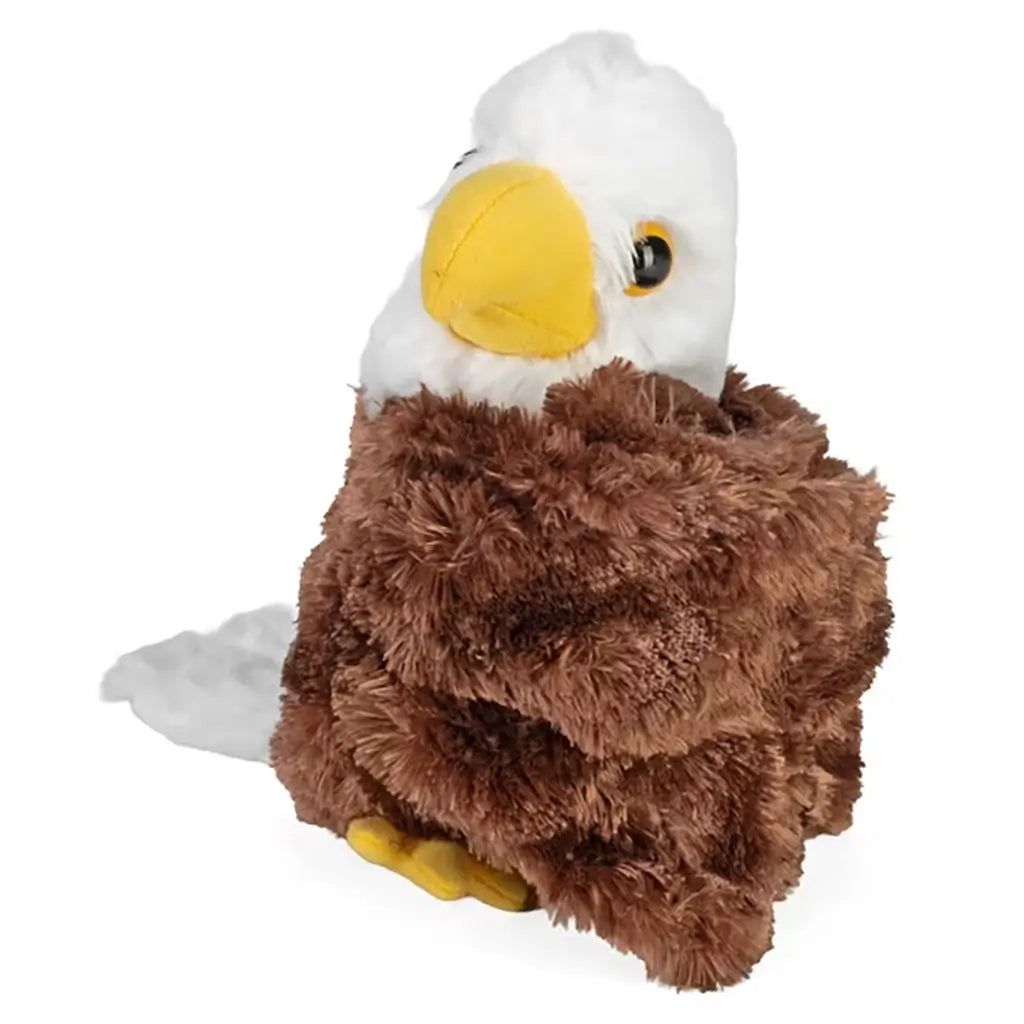 Wild Republic bald eagle plush toy in brown and white soft fabric with fluffy texture, wings wrapped forward in a hugging position and bright yellow beak, interactive design created as a huggable stuffed bird toy.