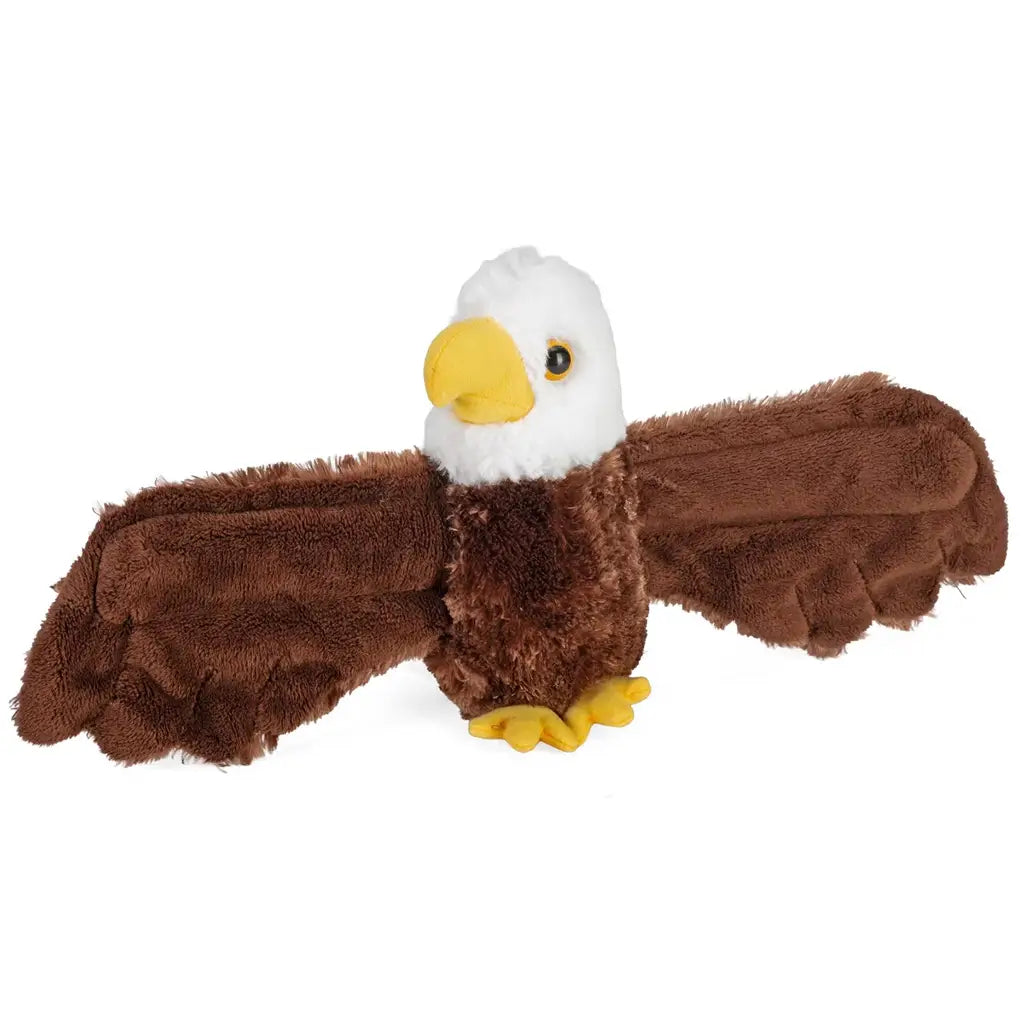 Wild Republic bald eagle plush toy in brown and white soft fabric with fuzzy texture, wide outstretched wings and yellow beak, realistic bird shape designed as a huggable stuffed eagle for children or nature themed play.