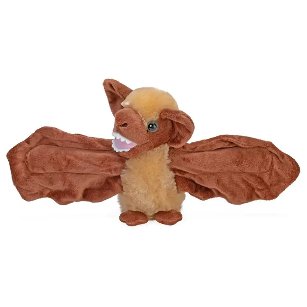 Wild Republic brown bat plush hugger showing soft tan and brown fuzzy fabric, outstretched wing shape, rounded standing form, and glow in the dark eyes, created for hugging or wrapping on a white studio background.