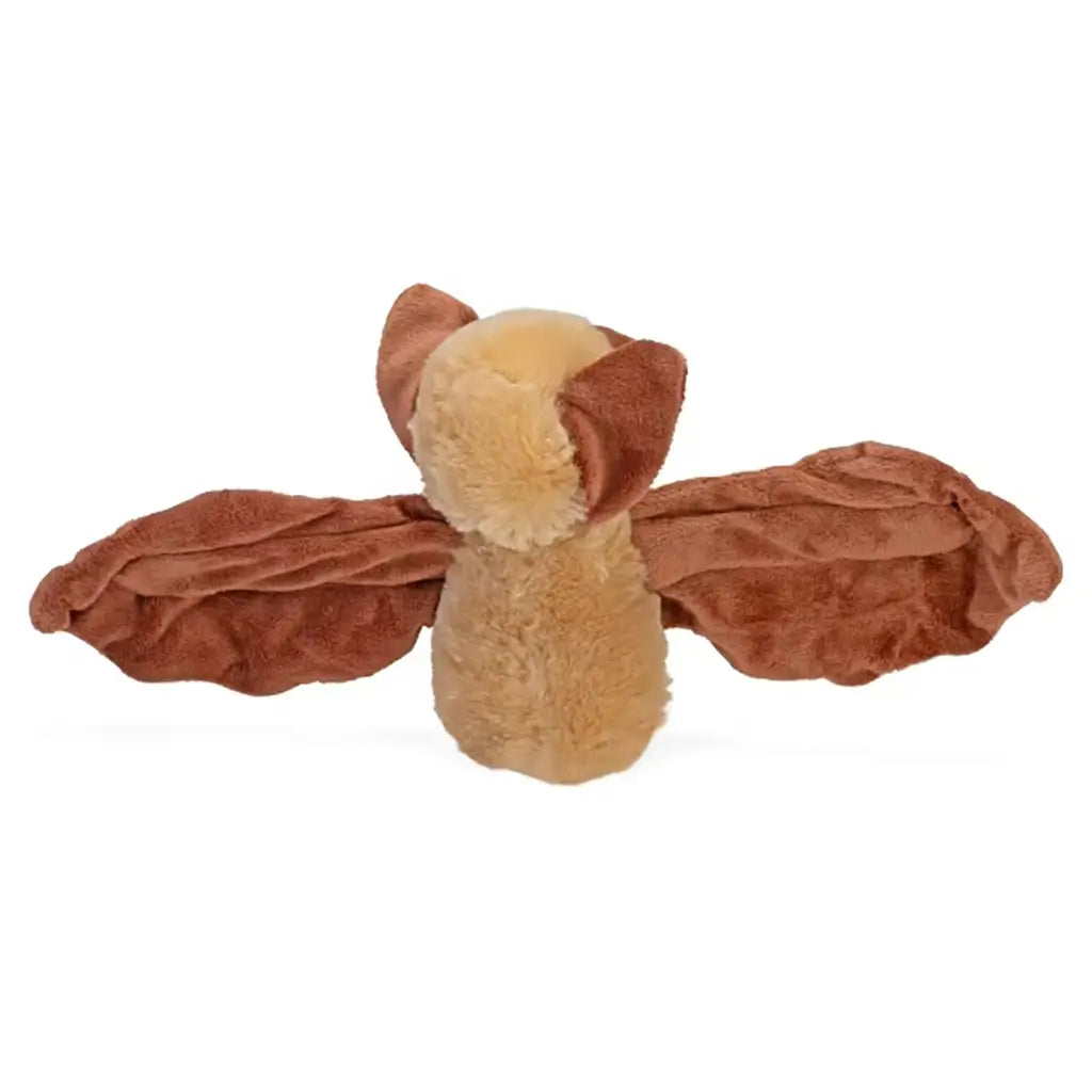 Wild Republic brown bat plush hugger with tan and brown fuzzy polyester fur, spread wing silhouette from the back, compact upright body, designed as a cuddly wraparound toy on a simple white background.