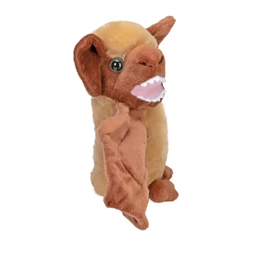 Wild Republic bat plush toy featuring brown and tan plush texture, folded wing fabric, vertical upright shape, and glow in the dark eyes, made as a soft wraparound hugger against a plain white background.
