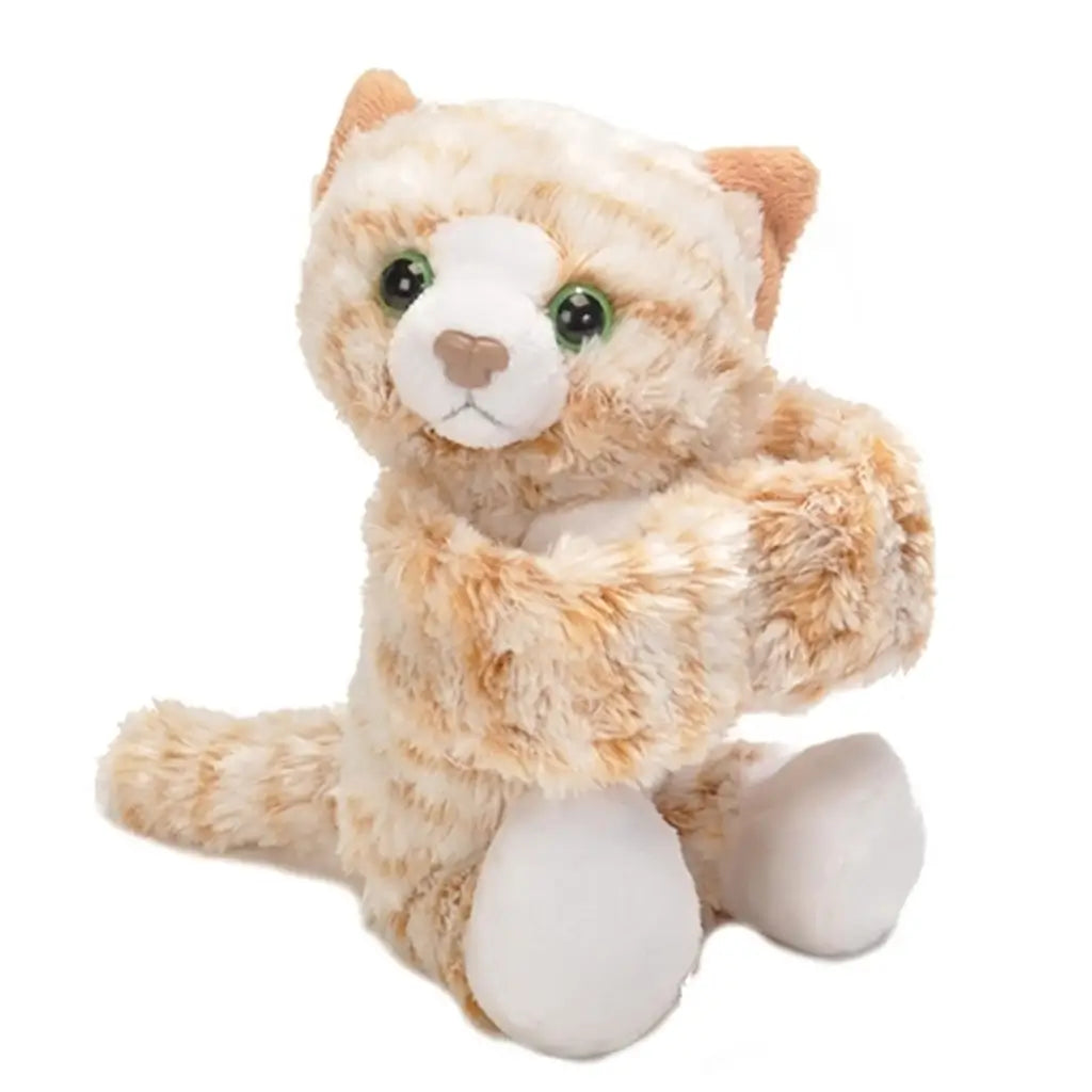 Orange tabby cat plush toy from Wild Republic shown in hugging position, with soft orange and white striped plush fabric, rounded paws, expressive green eyes, and flexible arms made to wrap around objects against a white background.