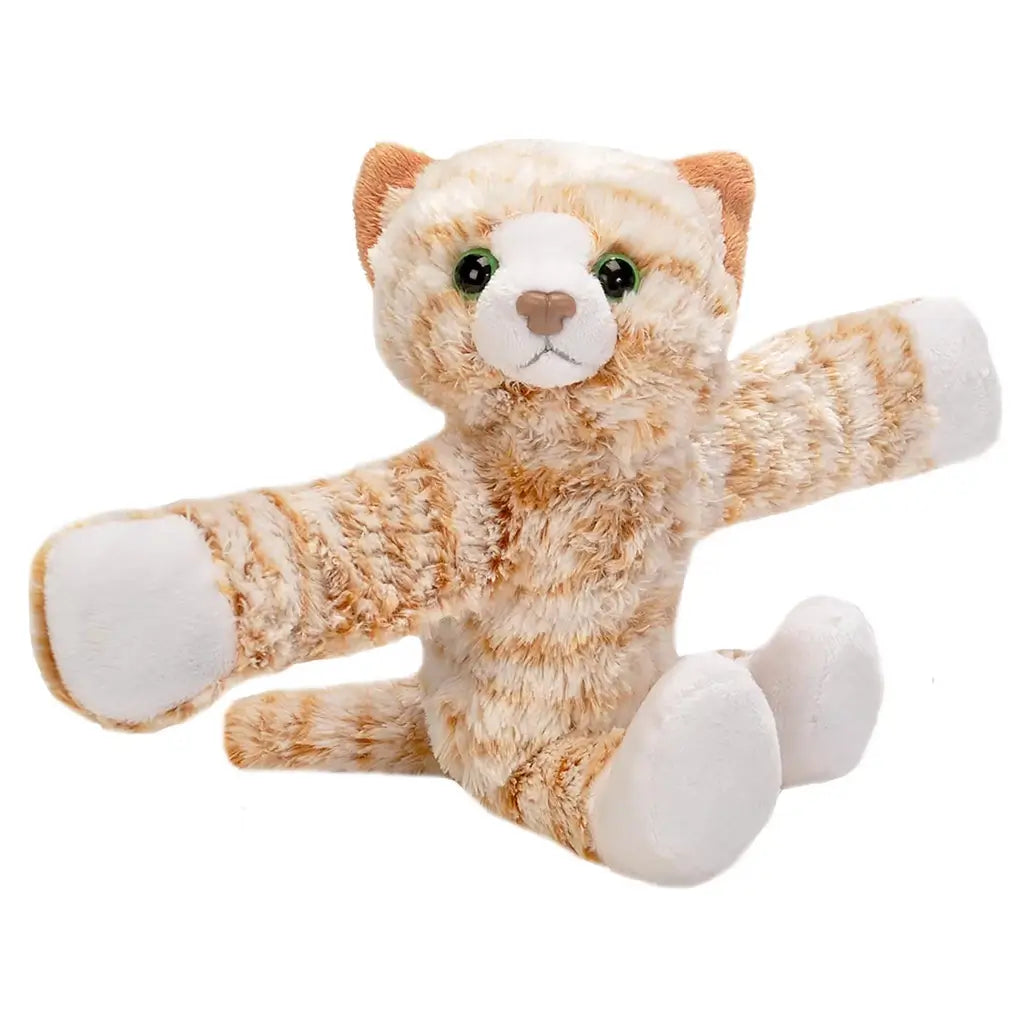 Orange tabby cat plush toy from Wild Republic, featuring light orange and cream striped polyester fur, rounded stuffed body, extended hugging arms, and stitched facial details, designed for comforting play on a clean white studio background.