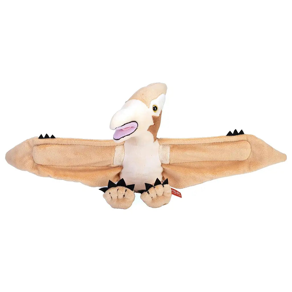 Wild Republic pteranodon plush toy in tan and cream colors with soft fabric texture, front-facing pose with wings fully spread, rounded beak and clawed feet, designed as a huggable dinosaur plush toy.