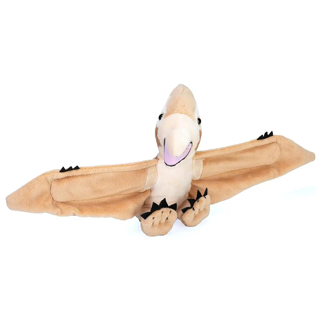 Wild Republic pteranodon plush toy in tan and cream colors with soft fabric texture, wide outstretched wings and rounded beak, designed as a huggable dinosaur plush for children or display on a clean background.