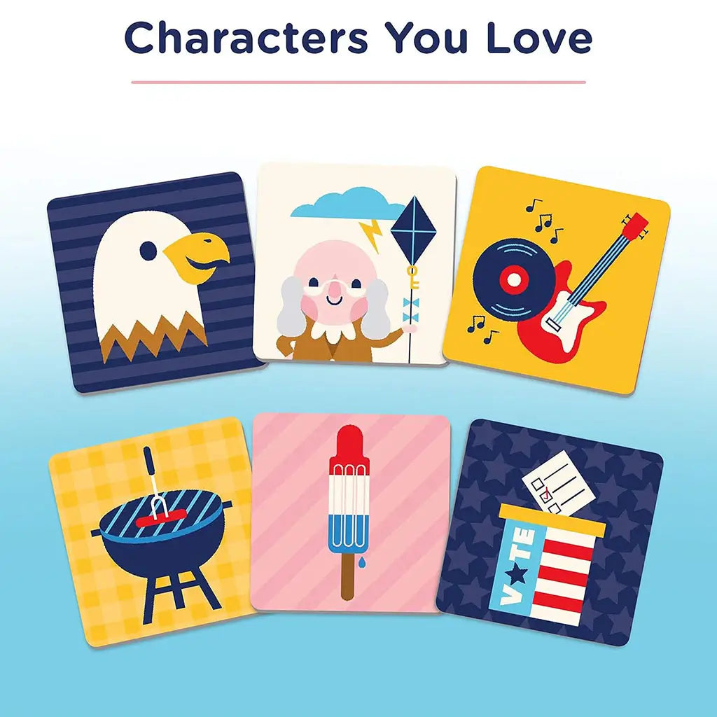 Wonder Forge Americana Matching Game character tiles featuring a bald eagle, Benjamin Franklin with kite, electric guitar, barbecue grill, popsicle, and ballot box with voting design.