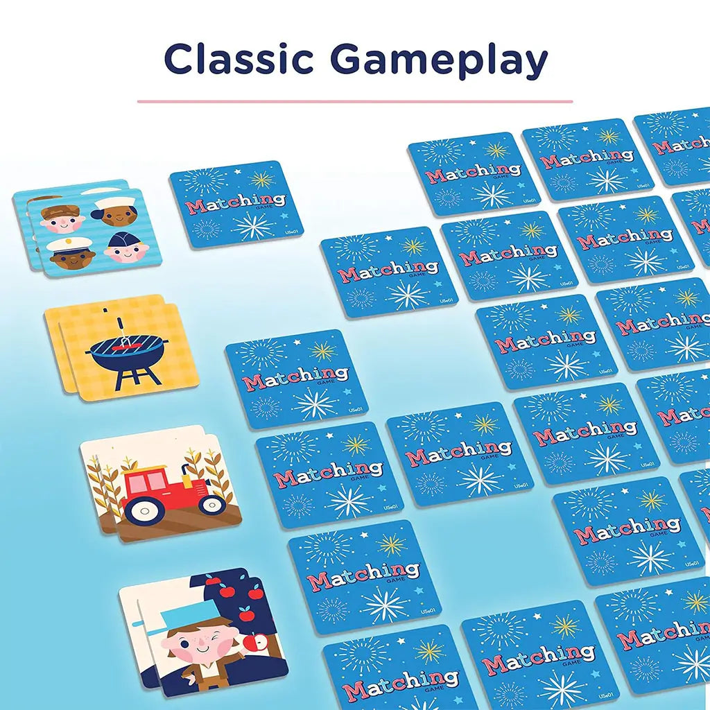 Wonder Forge Americana Matching Game tiles laid out in rows with designs of tractors, barbecues, sailors, and fireworks, showcasing classic picture-matching gameplay for children.