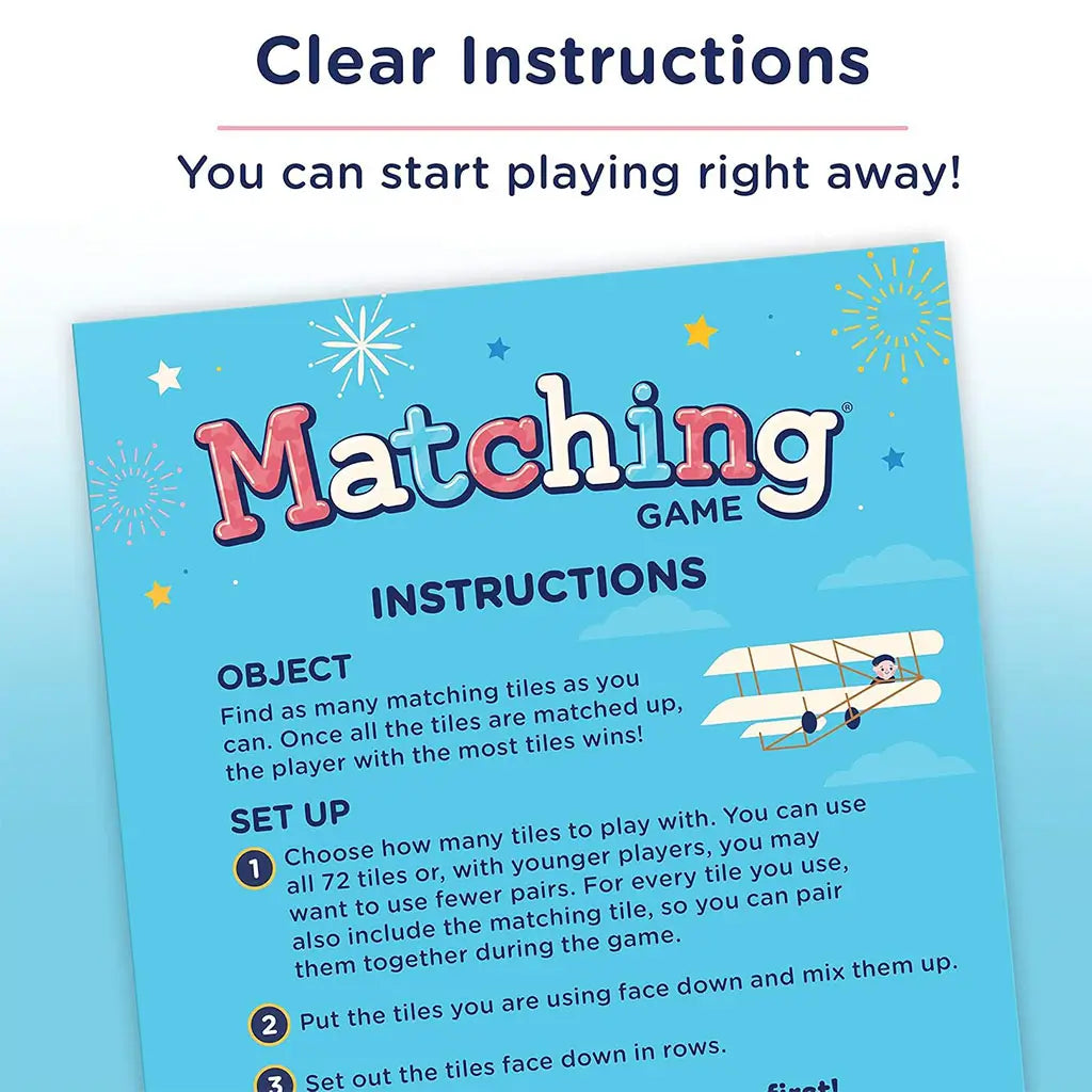 Wonder Forge Americana Matching Game instruction sheet with setup details, bright blue background, colorful fireworks, and an illustration of a vintage airplane with a pilot.