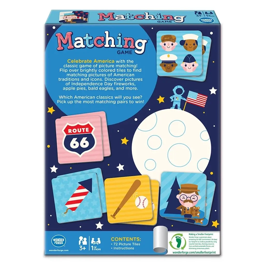 Wonder Forge Americana Matching Game back packaging with colorful tiles showing Route 66, fireworks, baseball, astronauts, and patriotic icons against a starry night theme.