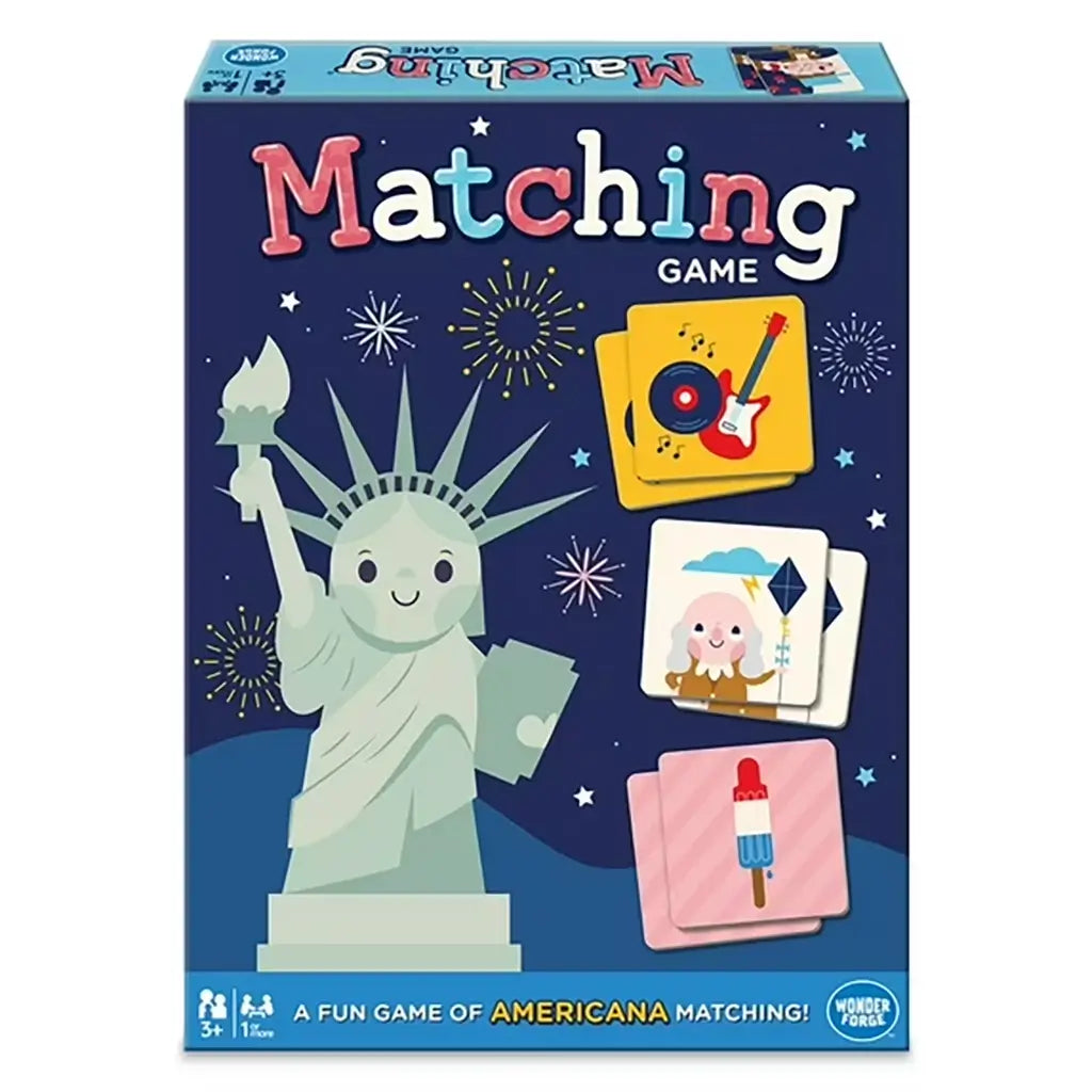 Wonder Forge Americana Matching Game front box showing the Statue of Liberty, fireworks, and picture tiles with popsicles, kites, guitars, and patriotic symbols on a dark blue background.