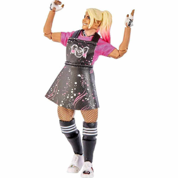 WWE Alexa Bliss Ultimate Edition figure wearing black dress entrance attire over pink top, blonde hair with pink ends in pigtails, articulated arms raised, detailed sculpt and accessories visible on white background.