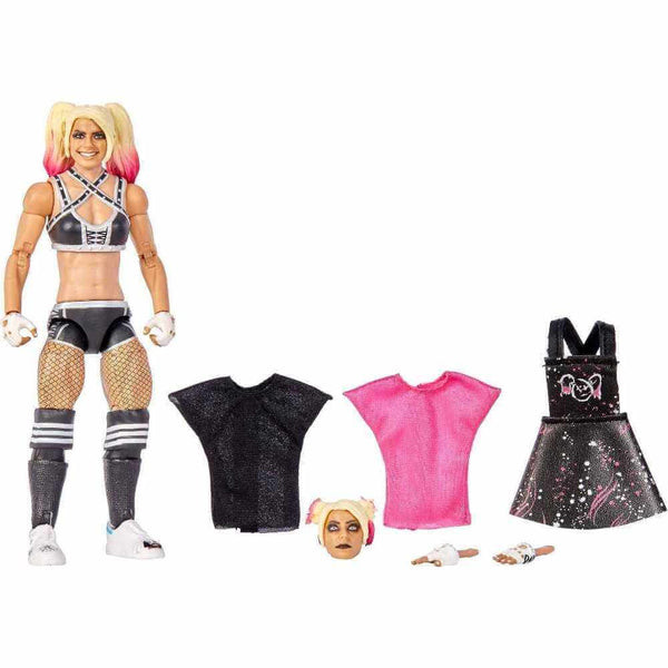 WWE Alexa Bliss Ultimate Edition action figure accessories displayed, including alternate head sculpts, black and pink fabric tops, dress overlay, interchangeable hands, arranged neatly beside the figure on white.