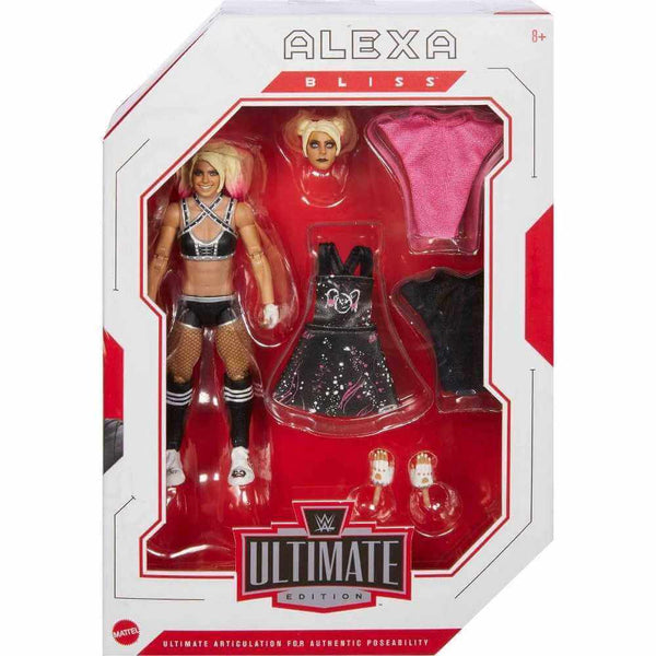 WWE Alexa Bliss Ultimate Edition action figure retail packaging, red and white box with clear window showing figure, alternate heads, outfits and hands, branded WWE Ultimate Edition display design.