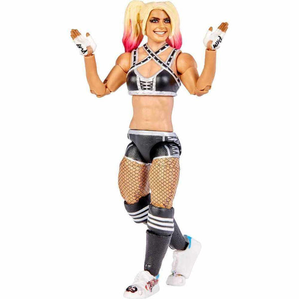 WWE Alexa Bliss Ultimate Edition action figure posed standing, light skin tone plastic with blonde hair tipped pink, black and silver ring gear, fishnet tights, knee pads and boots, shown on a clean white background.