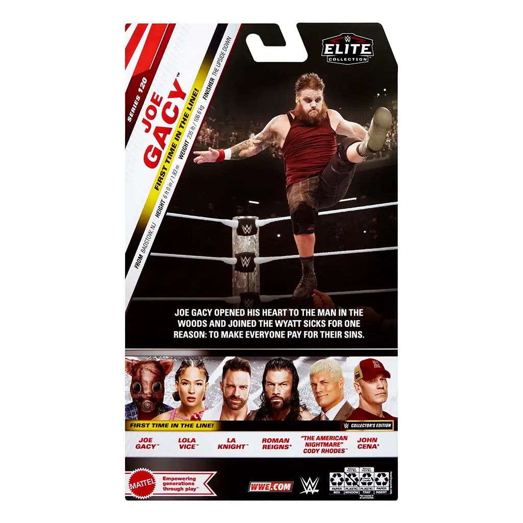 WWE Joe Gacy Elite Collection package back with multicolor printed cardboard material, smooth coated finish, tall rectangular retail card shape, displaying character biography, product photos, logos, and safety details on a white background.