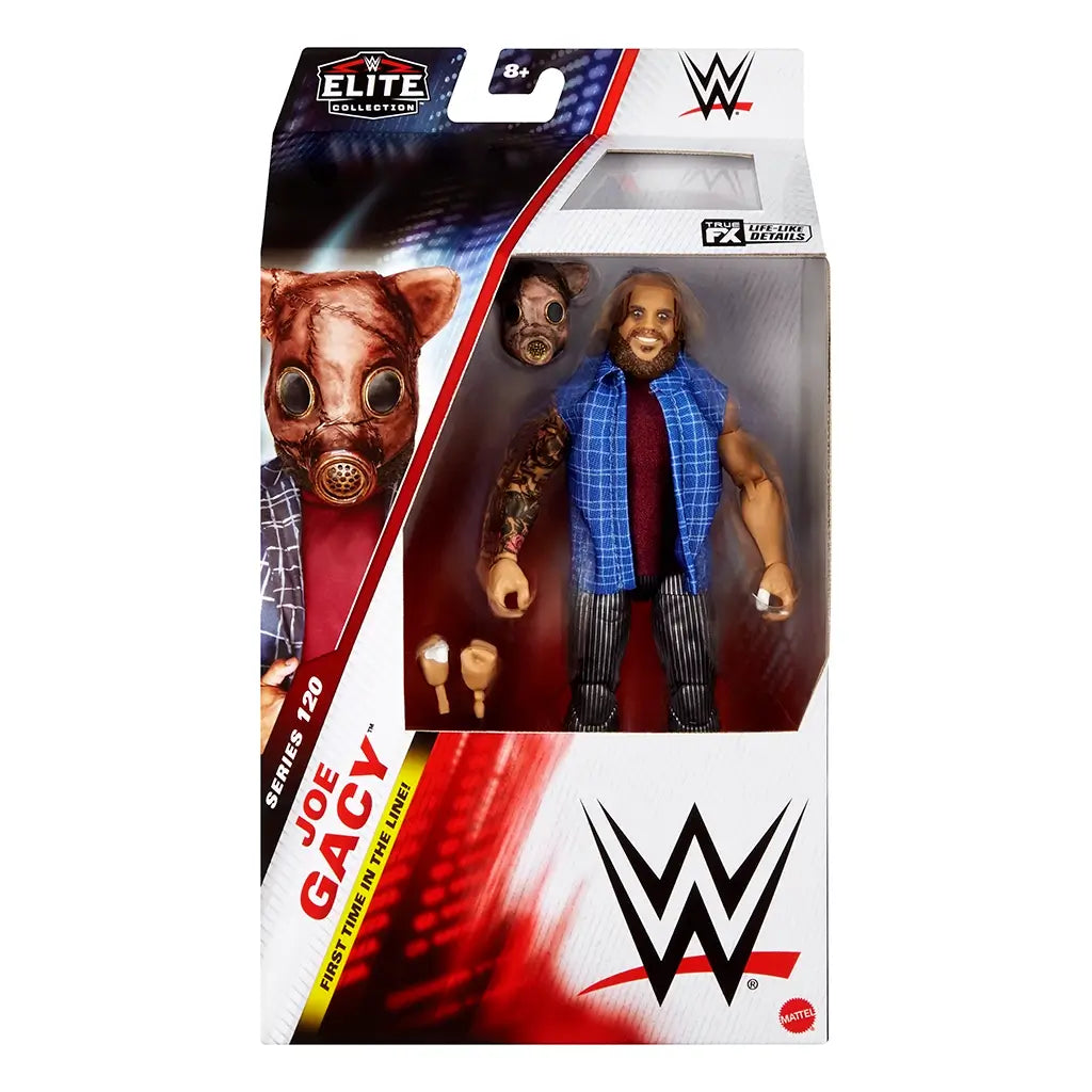 WWE Joe Gacy Elite Collection package front with black, red, and white graphics, clear plastic display window and sturdy cardboard backing, upright retail box form showcasing the 6.5-inch wrestling figure and included accessories.