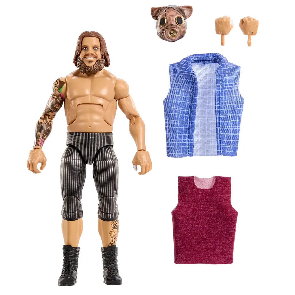 WWE Joe Gacy action figure accessories set with tan molded plastic hands, removable pig-style mask with round lenses, blue fabric vest, and maroon shirt pieces, created to customize the Elite Collection wrestling figure on a clean white background.