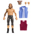 WWE Joe Gacy action figure accessories set with tan molded plastic hands, removable pig-style mask with round lenses, blue fabric vest, and maroon shirt pieces, created to customize the Elite Collection wrestling figure on a clean white background.