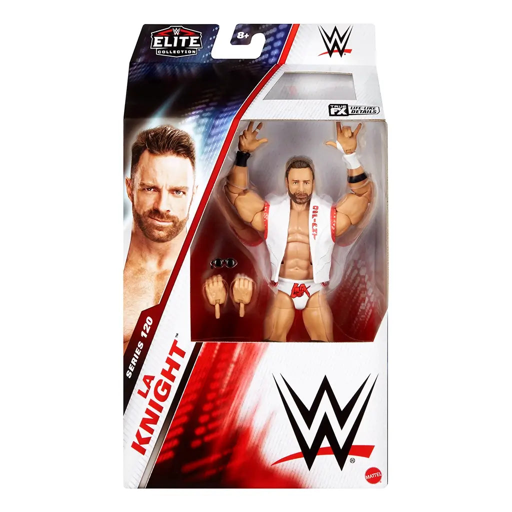 WWE Elite Collection LA Knight wrestling figure packaging front displaying red, white, and black Elite Collection box, clear plastic window, figure with interchangeable hands and sunglasses, WWE logos, age rating, and portrait artwork.