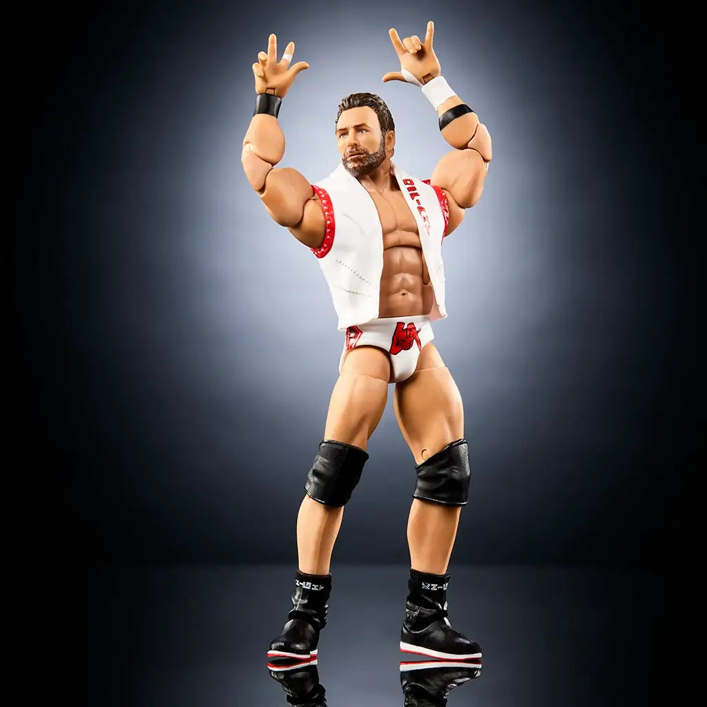 WWE Elite Collection LA Knight wrestling figure pose showing tan and white plastic gear, muscular sculpt, raised arms gesture, black knee pads and boots, articulated joints for display or play, photographed on a dark gradient background.