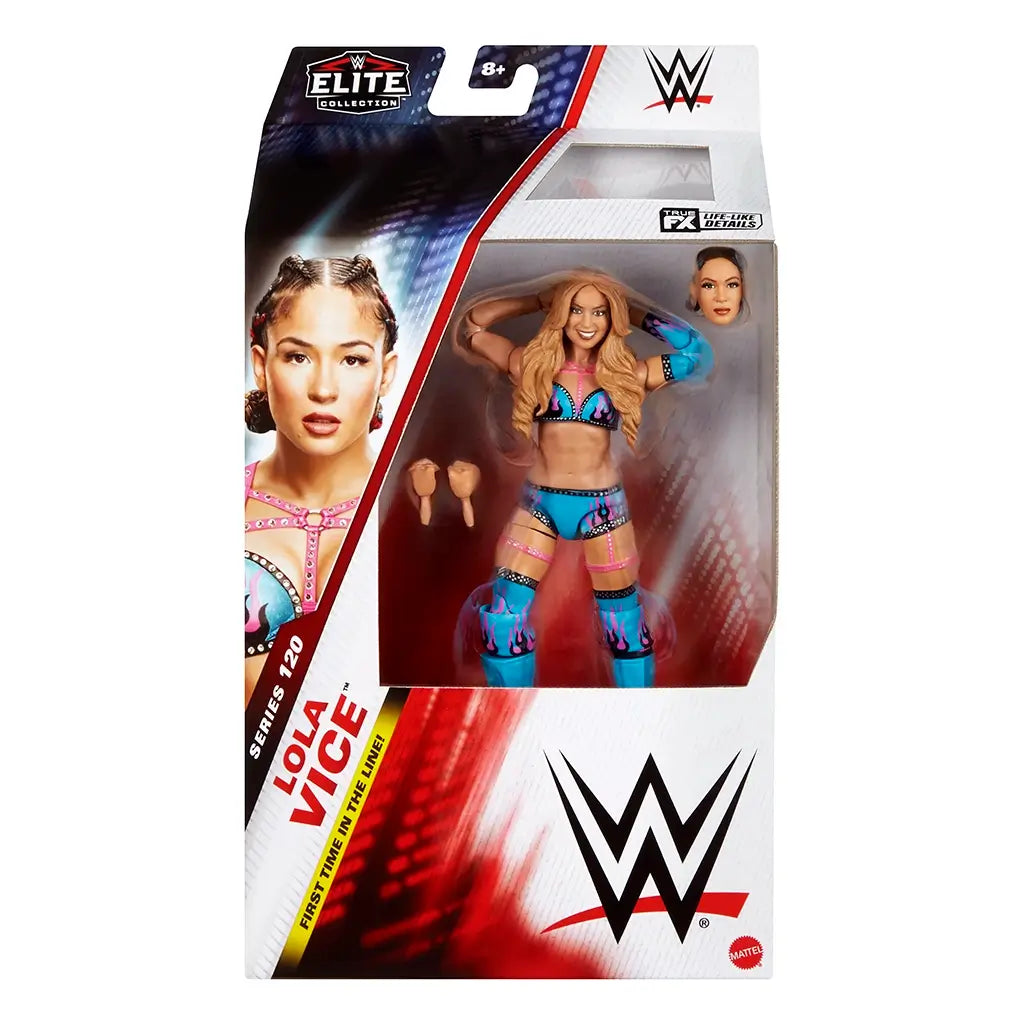 WWE Elite Collection Lola Vice wrestling figure retail packaging front showing red, white, and black cardboard box, clear plastic window, figure and accessories inside, WWE Elite branding, logos, and character portrait artwork.