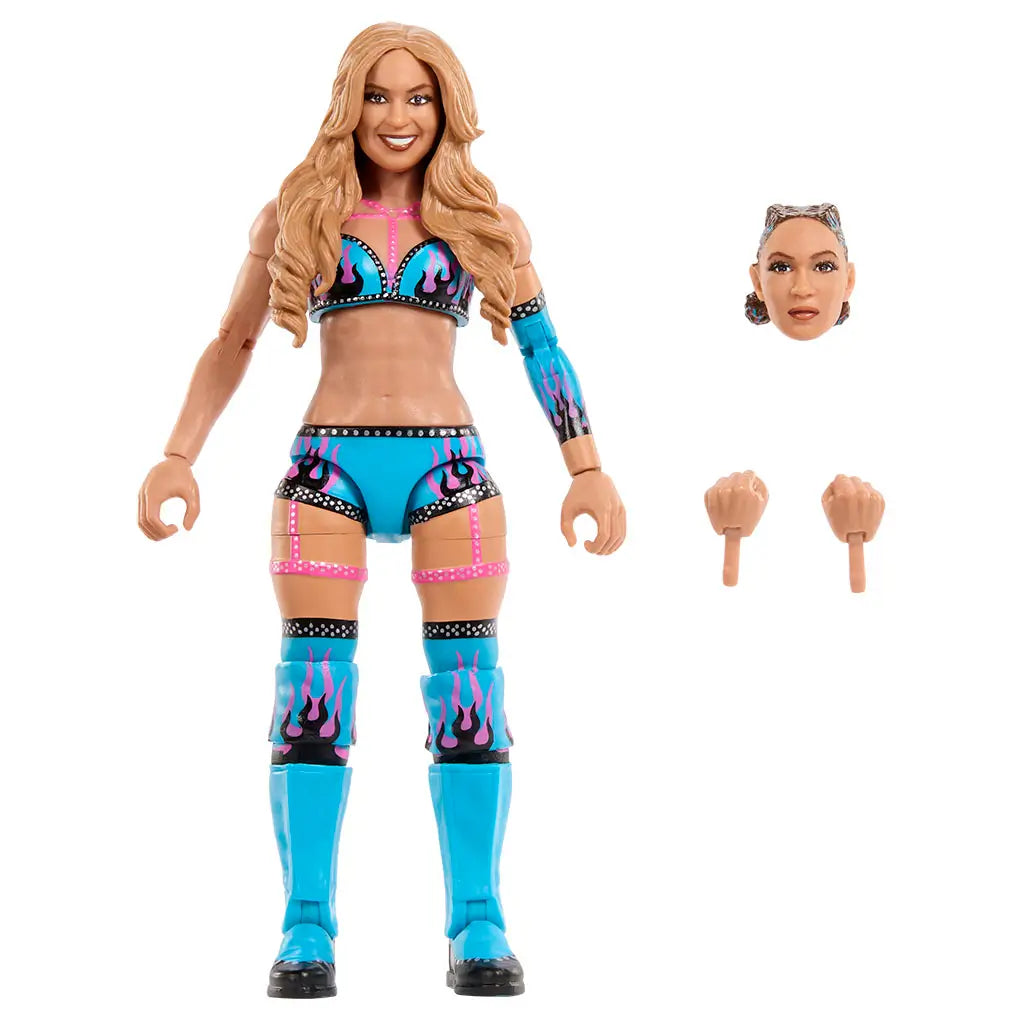 WWE Elite Collection Lola Vice wrestling figure shown in turquoise, pink, and black plastic with sculpted muscular form, flame-pattern ring gear, removable hands, extra head, and articulated joints on a clean white studio background.