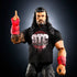WWE Elite Collection Roman Reigns wrestling figure close-up highlighting realistic facial sculpt, long wet-look black molded hair, sculpted beard, red glove, intricate tattoo detailing, and black OTC logo shirt against a dark gradient background.