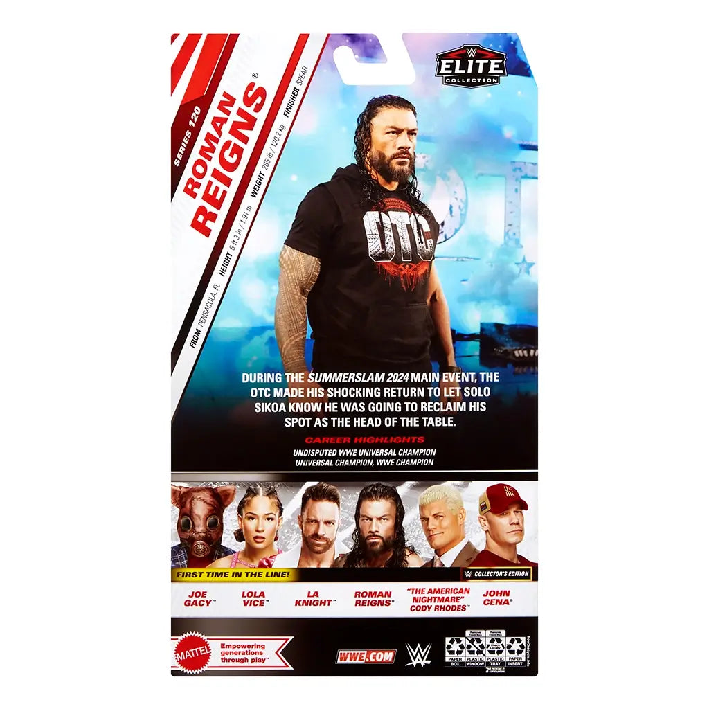 WWE Elite Collection Roman Reigns wrestling figure packaging back displaying blue and black printed cardboard with wrestler biography, career highlights, promotional images, series lineup, WWE branding, and Mattel logos on retail packaging.