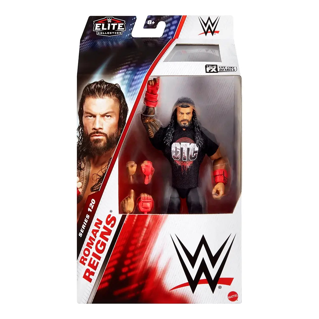 WWE Elite Collection Roman Reigns wrestling figure packaging front showing red, white, and black Elite Collection box with clear plastic window, figure and interchangeable hands inside, WWE logos, age rating, and portrait artwork.