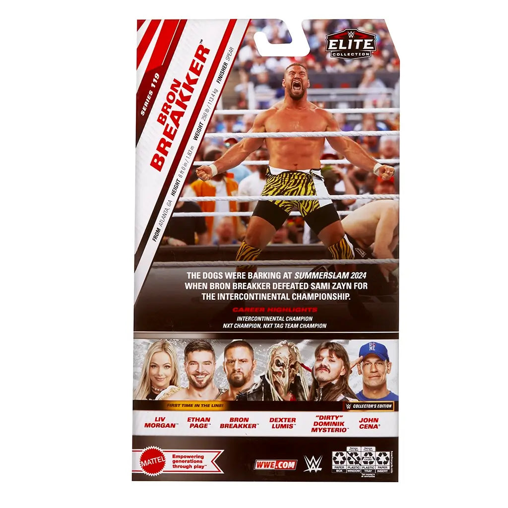 Back of WWE Elite Collection Bron Breakker figure box showing wrestler in ring wearing yellow tiger-striped gear, career highlights, and lineup images of additional figures in the same series.
