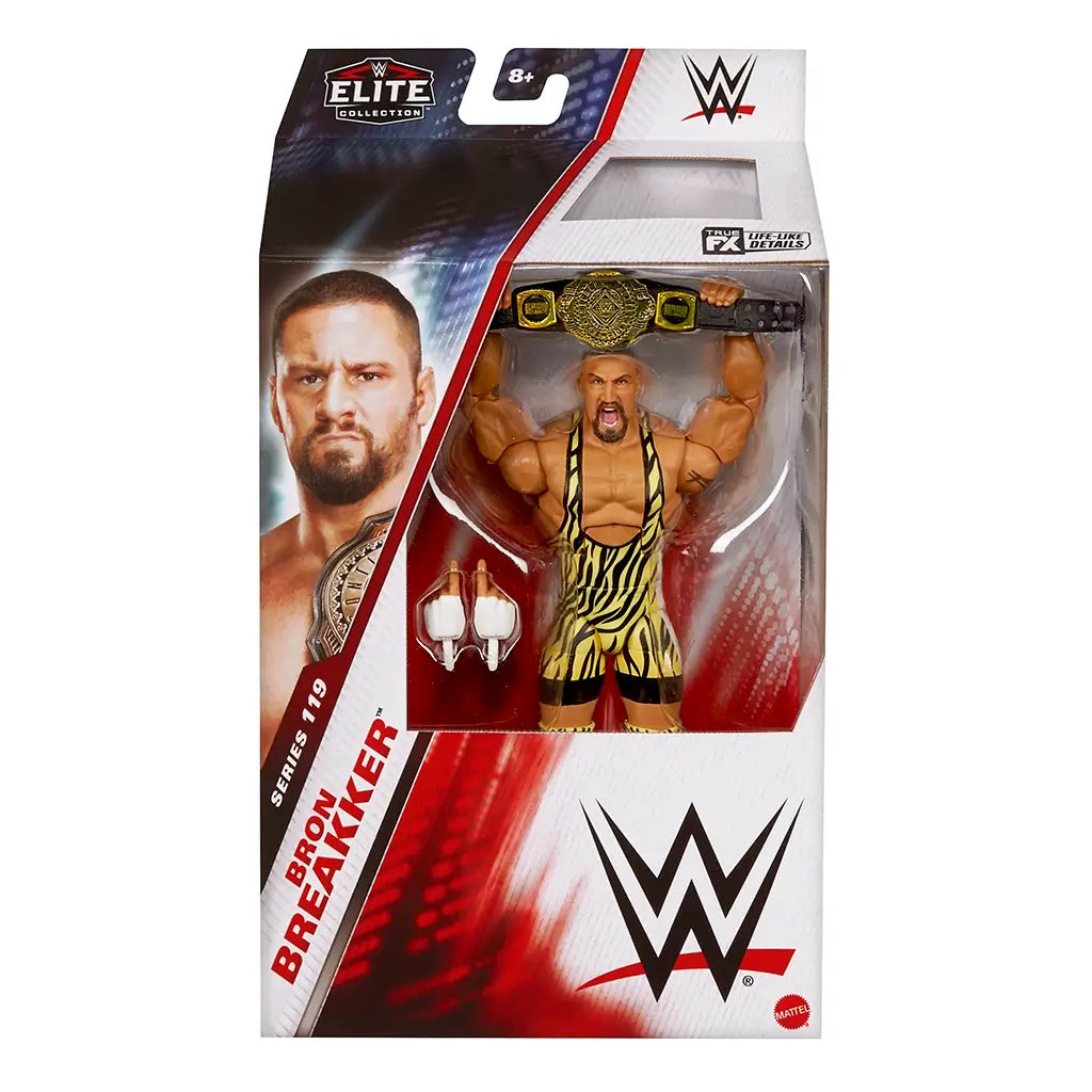WWE Elite Collection Series 119 Bron Breakker action figure in retail packaging, featuring yellow tiger-striped singlet, championship belt, interchangeable hands, and detailed face likeness.