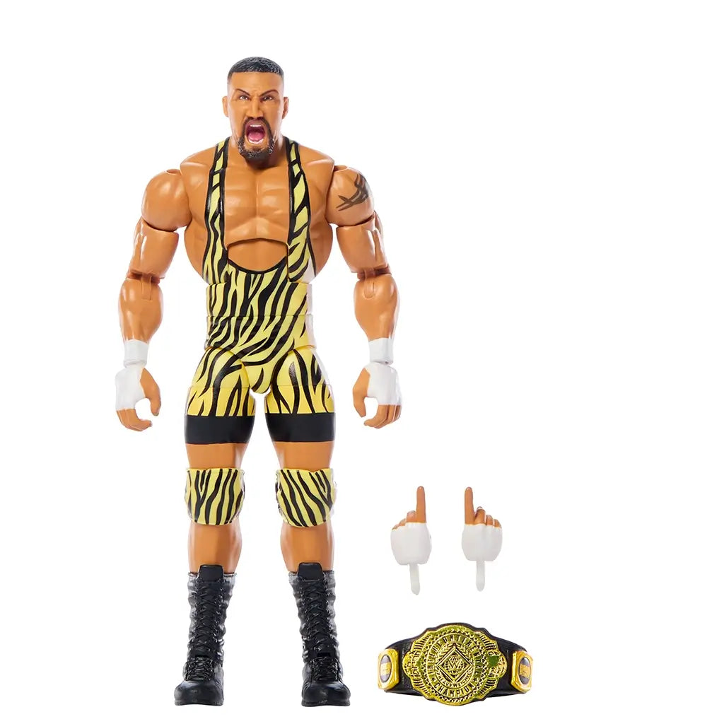 Bron Breakker WWE Elite Series 119 action figure standing with open hands, yellow and black tiger-striped singlet, black boots, interchangeable finger-pointing hands, and gold championship belt.
