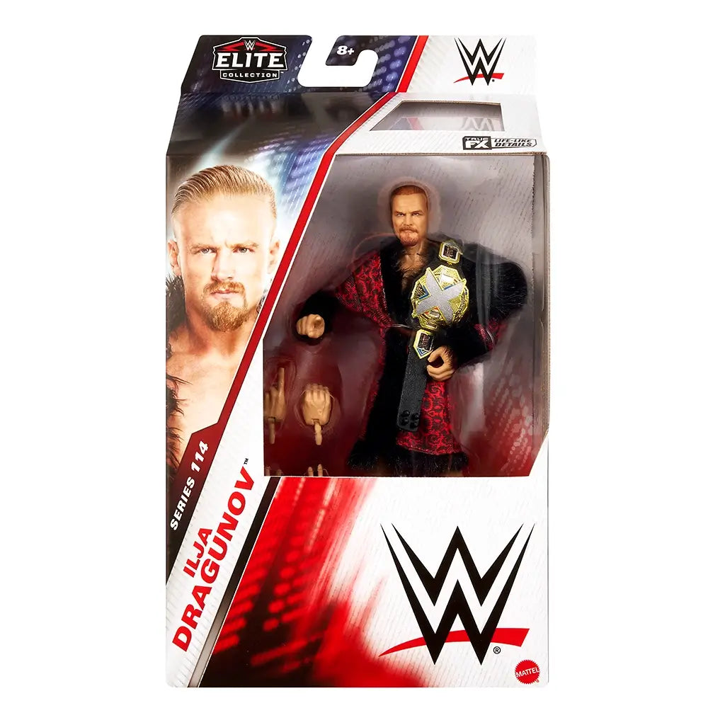 WWE Elite Collection Series 114 Ilja Dragunov figure in retail packaging, featuring red and white graphics, portrait artwork, interchangeable hands, robe, and championship belt.