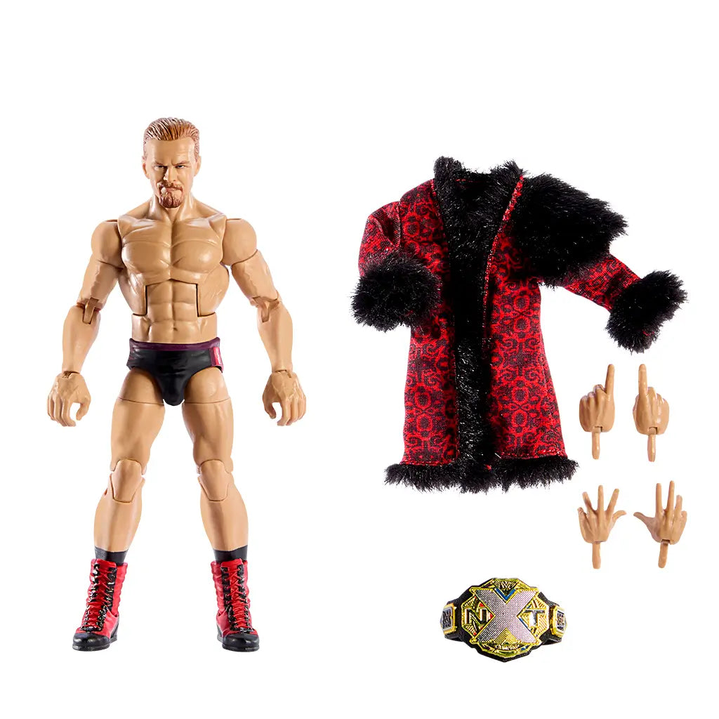 WWE Elite Collection Ilja Dragunov action figure shown with accessories including red and black boots, removable patterned robe, interchangeable hands, and NXT championship belt.