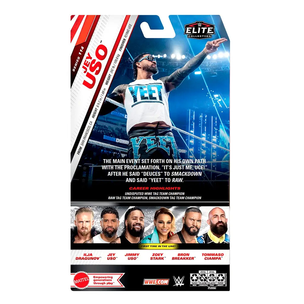 Back of WWE Elite Collection Series 114 Jey Uso action figure packaging featuring his career highlights, bio, and images of other WWE Elite figures in the same series.
