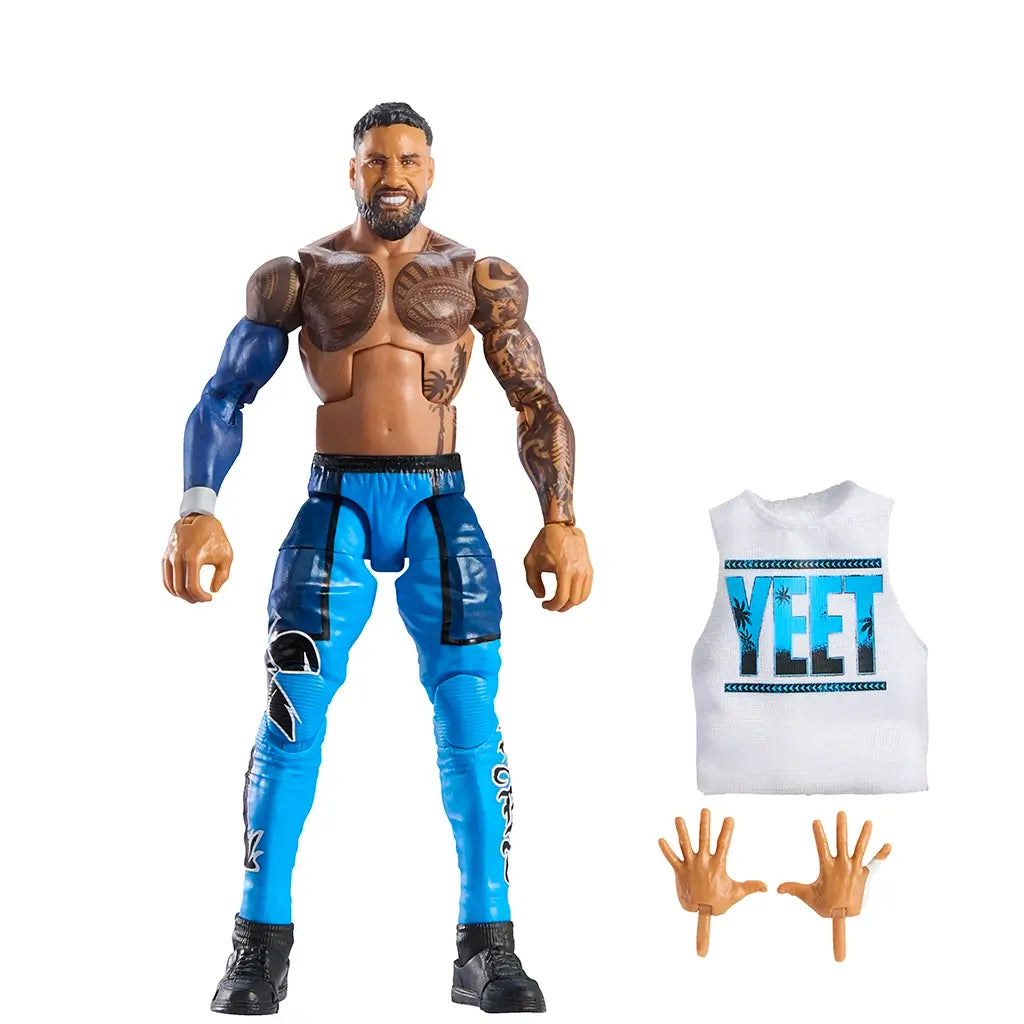 WWE Elite Jey Uso figure complete set with extra interchangeable hands, removable “YEET” shirt, detailed tattoos, blue pants with black graphics, and authentic accessories.