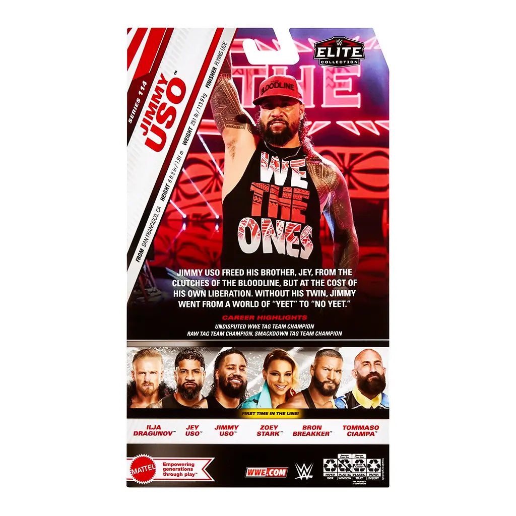 WWE Elite Collection Jimmy Uso Series 114 package back shows bold graphics, wrestler bio, career highlights, and photos of other figures in the collectible toy line.