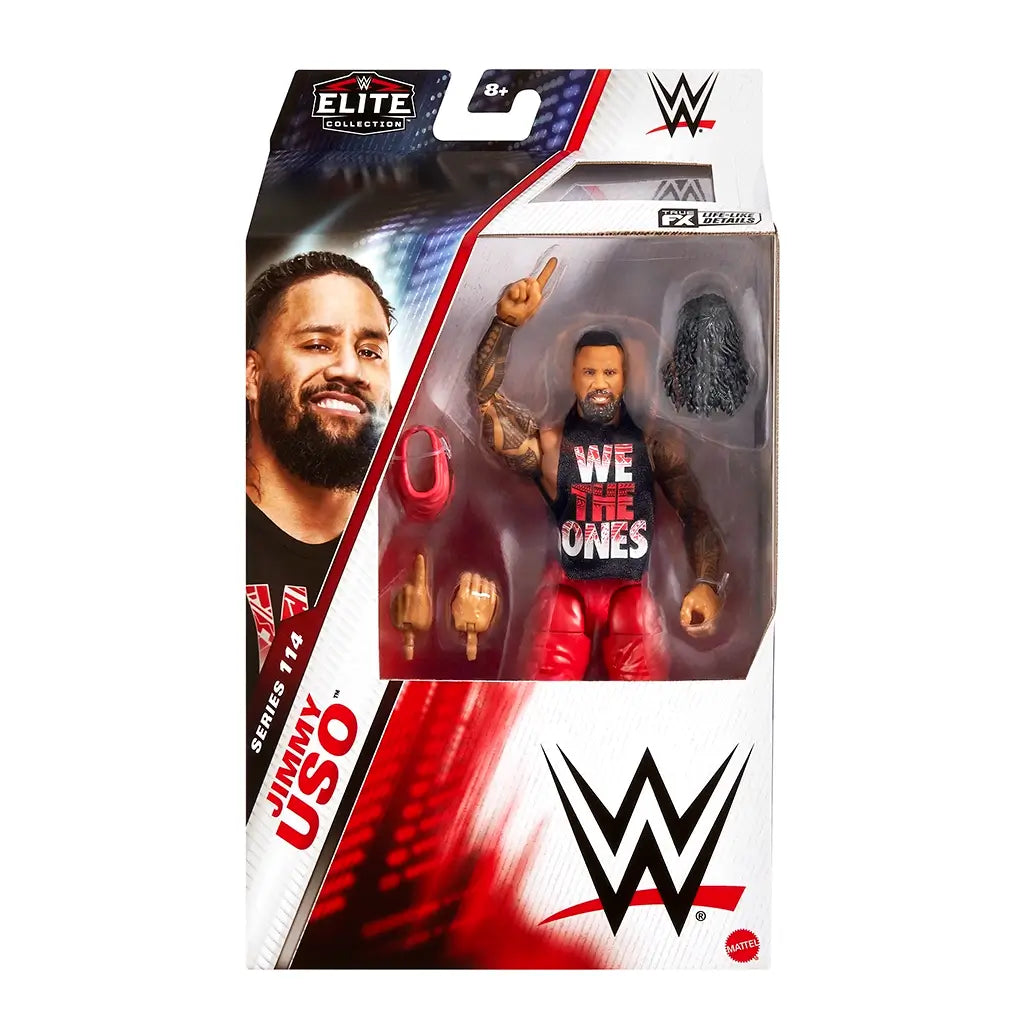 WWE Elite Jimmy Uso Series 114 front package shows clear window box with figure, accessories, interchangeable hands, and detailed branding for collectors display.