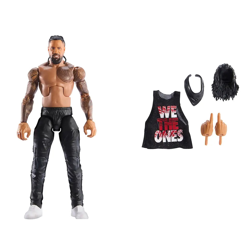 WWE Elite Jimmy Uso collectible figure with black pants, tattooed torso, removable shirt, hair accessory, alternate hands, and articulation parts included.
