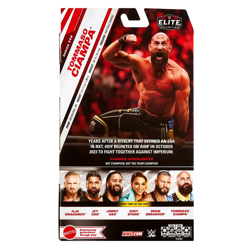 WWE Elite Collection Series 114 Tommaso Ciampa action figure package back featuring detailed biography, career highlights, and images of other wrestlers from the same line.