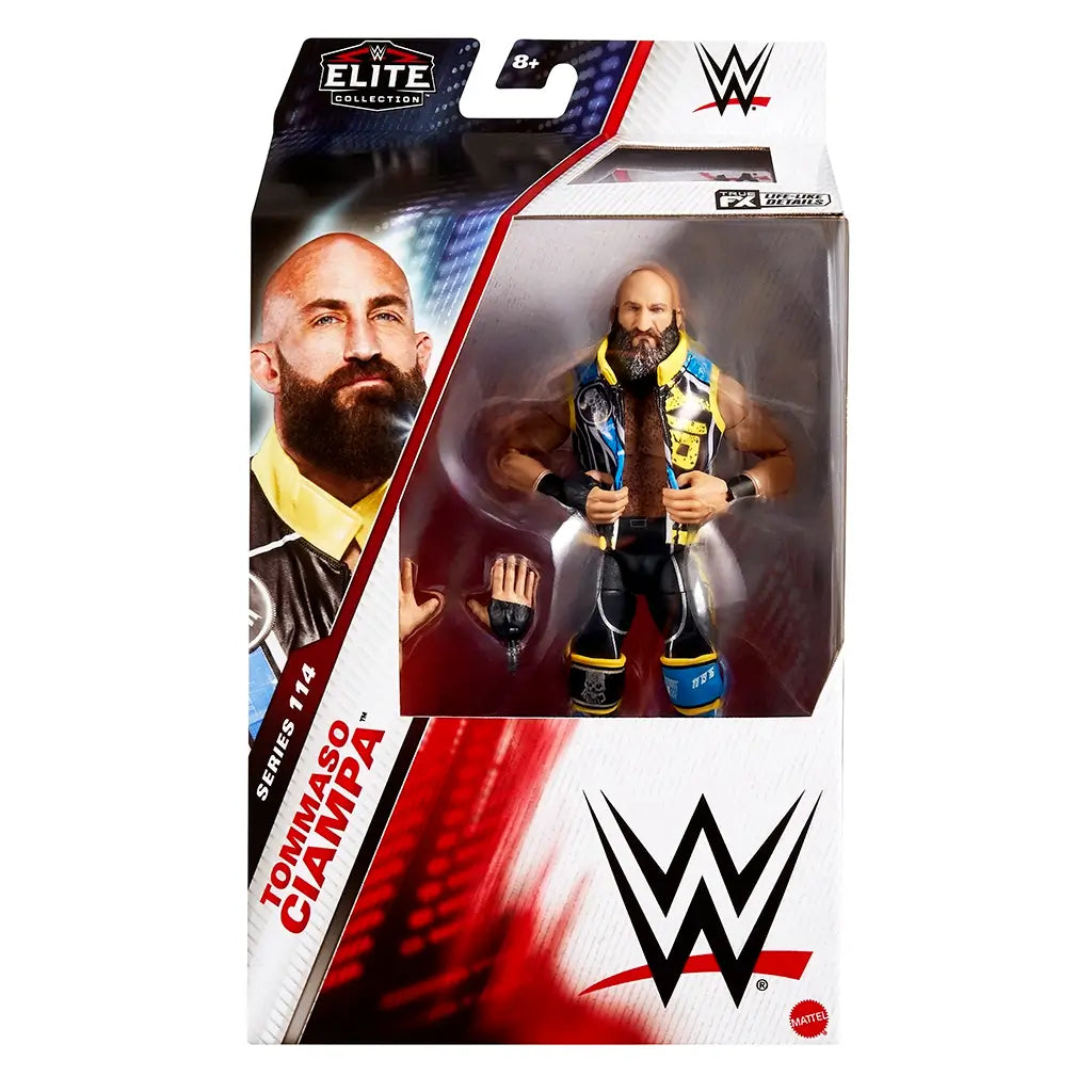WWE Elite Collection Series 114 Tommaso Ciampa action figure package front showing figure in window display box with accessories, wrestler portrait, and bold WWE logo branding.