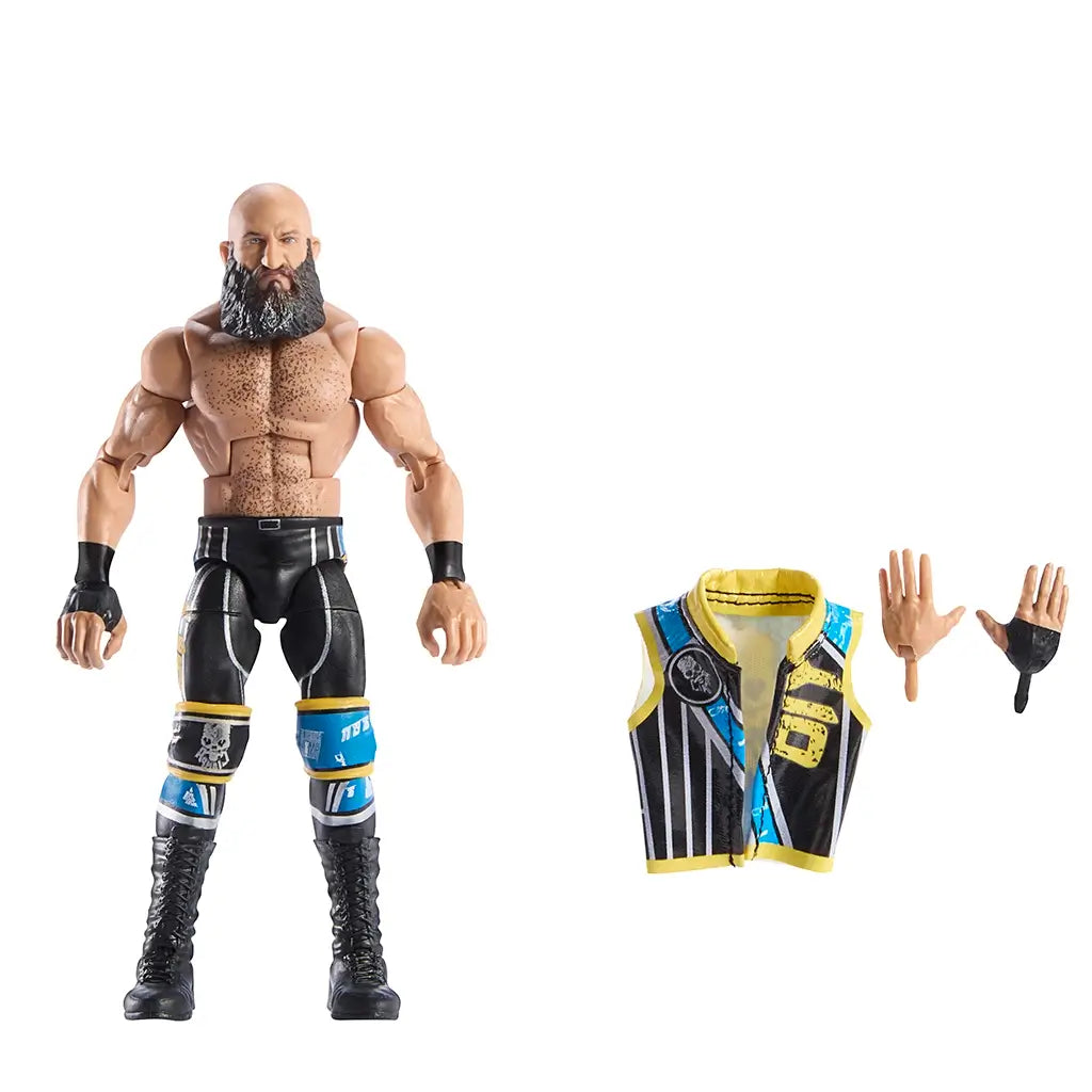 WWE Elite Tommaso Ciampa action figure set with removable vest and interchangeable hands, featuring black and blue wrestling gear and lifelike sculpting for collectors.