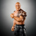 WWE action figure of The Rock with detailed tribal tattoos, bald head, muscular build, and black pants posed in a flexing stance against a gray gradient background.