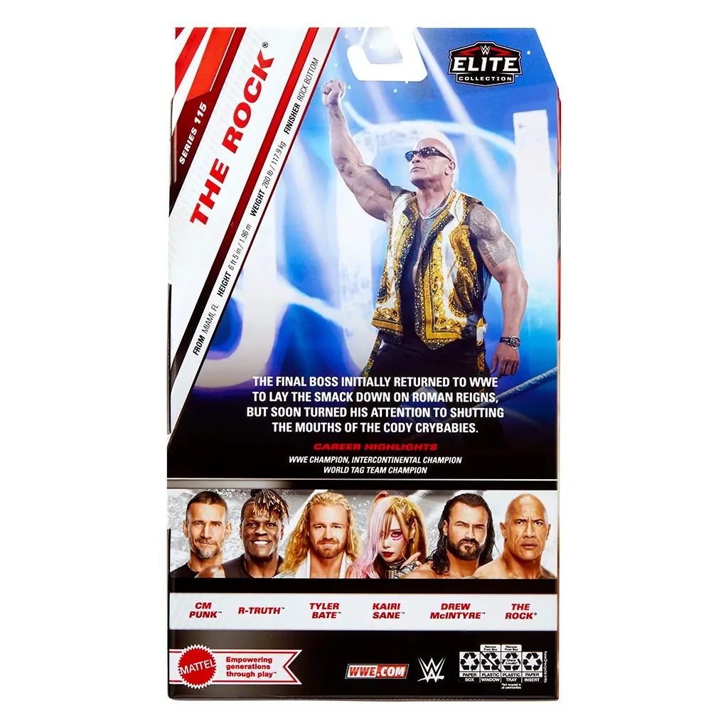 Back of WWE Elite Collection packaging for The Rock figure, showing his photo in a golden vest with career highlights and images of other wrestlers from the series.